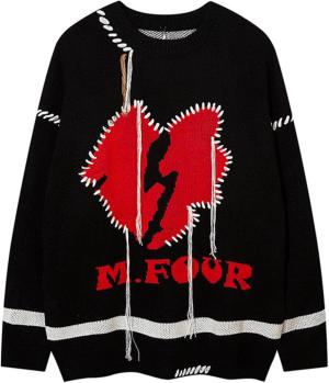 BAQE Men Torn Heart Jacquard Black Sweater Lazy Gothic Color Matching