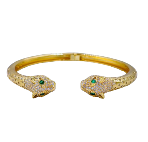Dual Panther Cubic Zirconia Cluser Dotted 18K Gold Bangle Cuff ForUnisex