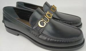Gucci Men's Cara Gold Logo Black Leather Loafers