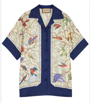 GUCCI  Bird-Print Regular-Fit Silk Shirt