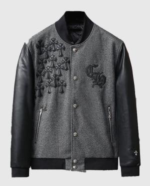 Men's Chrome Cross Letterman Bomber Grey Jacket