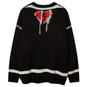 BAQE Men Torn Heart Jacquard Black Sweater Lazy Gothic Color Matching