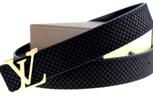 Louis Vuitton Black Leather Damier Belt With Golden LV Buckle