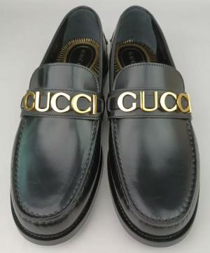 Gucci Men's Cara Gold Logo Black Leather Loafers