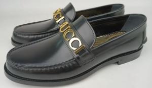 Gucci Men's Cara Gold Logo Black Leather Loafers